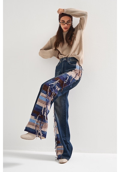 it's basic Kadın Kot Rengi 2w5-8 Flare Palazzo Fit Etnik Örme Detaylı Viskon Kumaş Özel Tasarım Denim Jean Mavi it's basic Kadın Kot Rengi 2w5-8 Flare Palazzo Fit Etnik Örme Detaylı Viskon Kumaş Özel Tasarım Denim Jean Mavi