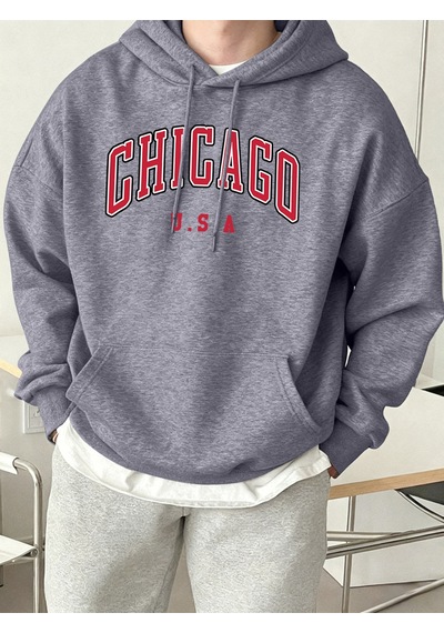 Startmore Startmorechicago Abd Mektup Baskılı Erkek Günlük Kapüşonlu Sweatshirtler Her Şeyle Uyumlu Polar Sweats Gri
