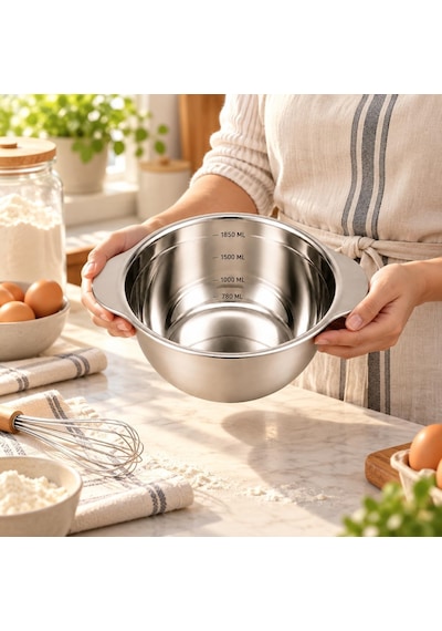 Paslanmaz Çelik 1850 Ml Ölçülü Kap 25 Cm, İç Ölçek Çizgili Büyük Boy Karıştırma Ve Hazırlık Kabı, Çift Yan Tutamaçlı Mutfak Ölçü Kabı Çok Renkli