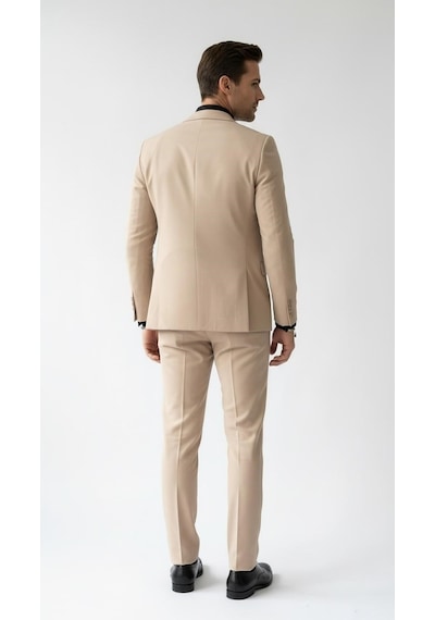 Erkek Klasik Slim Fit Armürlü Kumaş Tek Düğmeli Çift Yırtmaçlı Klasik Yaka Takım Elbise 7 Drop Bej