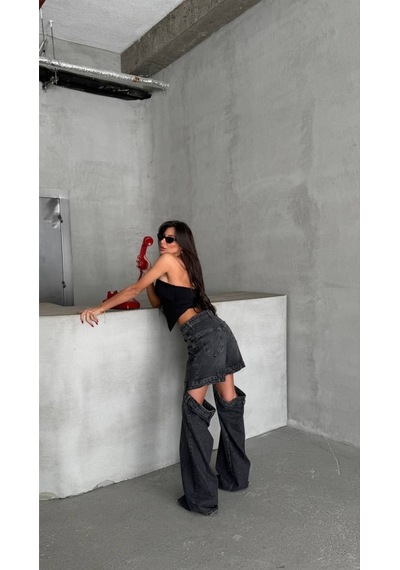 Çift Parçalı Detaylı Wide Leg Jean Pantolon siyah
