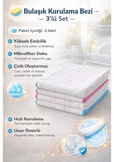 3 Adet Profosyonel Bulaşık Kurulama Bezi 40/40 Cm Diğer