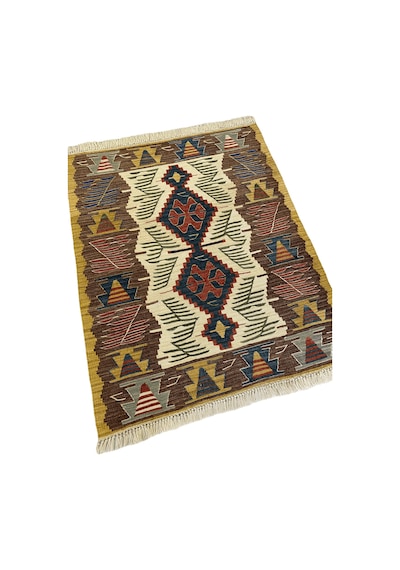 El Dokuma Uşak Kilimi 94x123 Krem Kahve Kök Boya %100 Yün Kilim