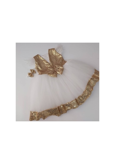 Hayy Baby Kids Wear Kız Bebek Gold Paletli Beyaz Tül Elbise