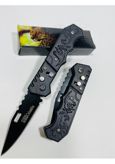 Kuş Desenli Düğmeli Mini Kamp Çakı-15 CM Siyah