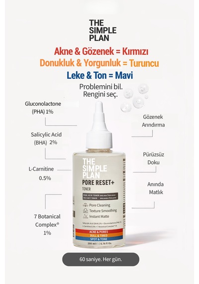 The Simple Plan Pore Reset+ Toner %2 Salisilik Asit Bha + %1 Pha + %0,5 L-karnitin, Gözenek Bakım Toniği, 200 Ml