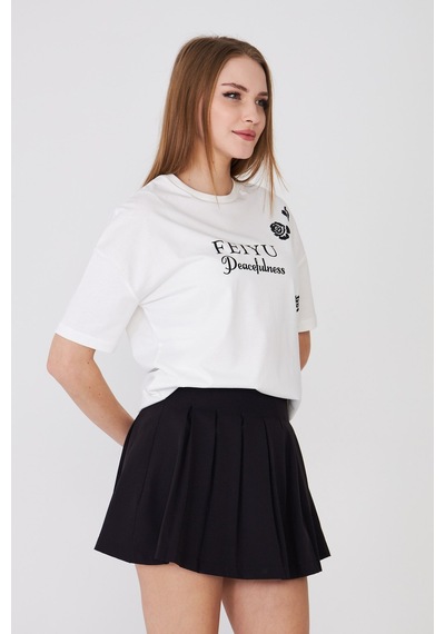 Sortie Collection Feıyu Peacefulness Gül Baskılı Rahat Kalıp Basic Tişört Ekru