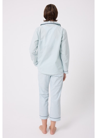 Lespadon Marısılk Seastrıpe Premium Dokuma Uzun Kollu Crop Pantolonlu Kadın Pijama & Lounge Takımı-3190 Yesil