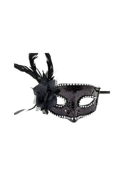 Siyah Renk Yandan Tüylü Güllü Gümüş Taşlı Pullu Maske 20x22 Cm