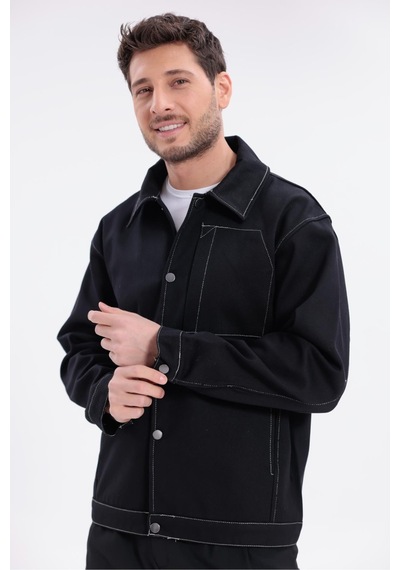 Erkek Dikiş Detaylı Oversize Gabardin Ceket - Mont-392 Siyah