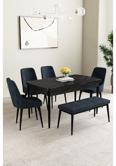 Mabel Siyah Mermer Desen 80x132 Açılabilir Yemek Odası Takımı 4 Sandalye, 1 Bench Antrasit Mabel Siyah Mermer Desen 80x132 Açılabilir Yemek Odası Takımı 4 Sandalye, 1 Bench Antrasit