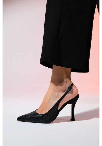 Luvishoes Andes Siyah Çizgili Kadın Sivri Burun Arkası Açık Yüksek Topuklu Ayakkabı Siyah
