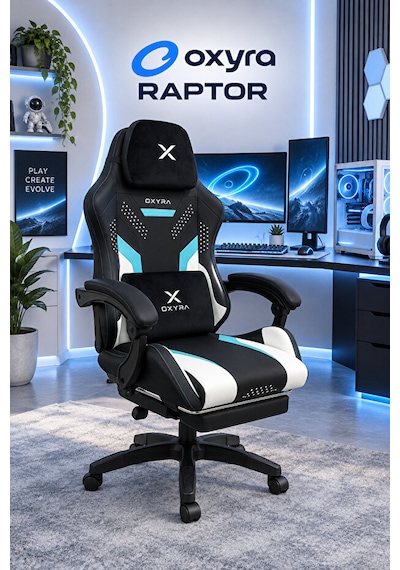 Oxyra Raptor Premium Ergonomik Ayak Destekli Siyah/beyaz Oyuncu Koltuğu Siyah - Mavi