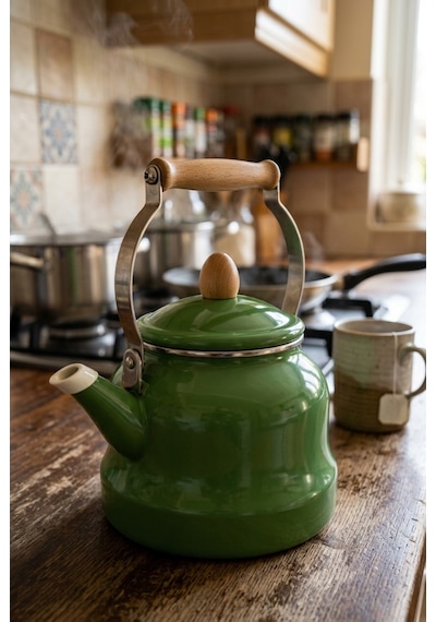 Vintage Ahşap Saplı Emaye Demlik Kettle 2,5lt Yeşil 2406-c