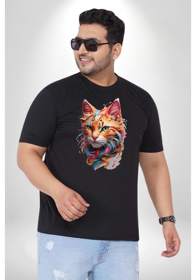Angemiel Hayvan Kedi Sanat Potre Siyah Büyük Beden Erkek Kadın Unisex Basic Ön Baskılı Tişört Siyah