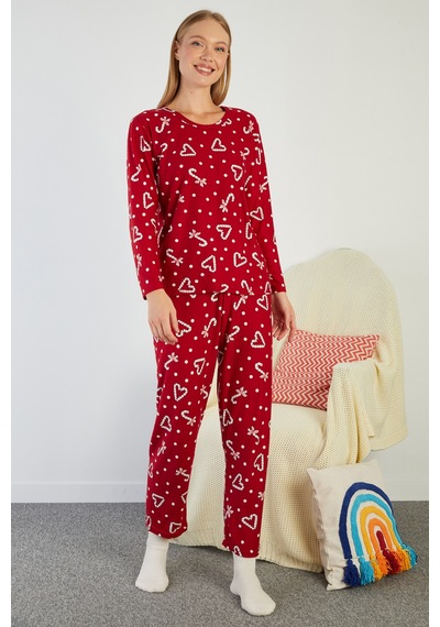 Fullamoda Puantiye Ve Kalp Desenli Bisiklet Yaka Süet Pijama Takımı Bordo
