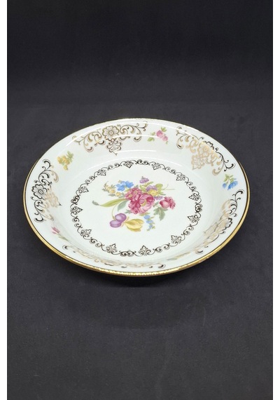 Elfenbein Porzellan Vintage Çukur Tabak 19x5 Cm Gri