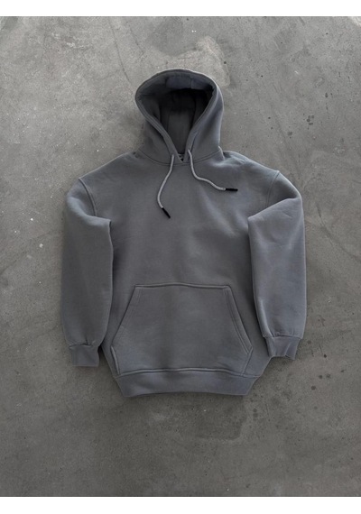 Mbb E-ticaret Kadın Kapüşonlu Kanguru Cepli 3 İplik Pamuklu Oversize Hoodie Sweatshirt - Boyalı Gri