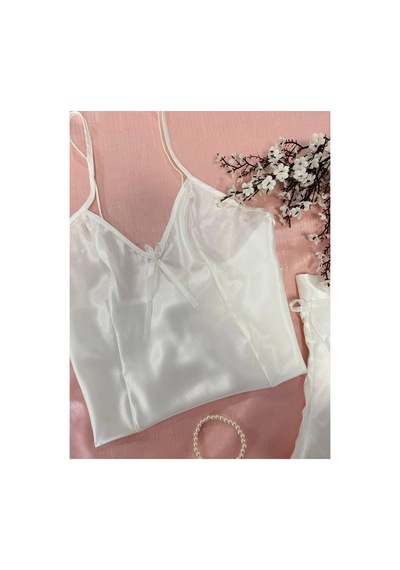 Mh Moony Homewears Krem Kurdele Lüks Saten Şortlu Pijama Takımı Krem