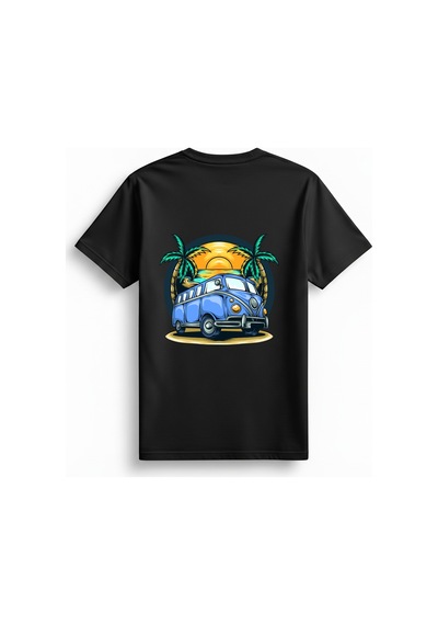 Paybuy Kadın Retro Seyahat Temalı Vintage Minibüs Güneş Batışı Palmiye B Siyah