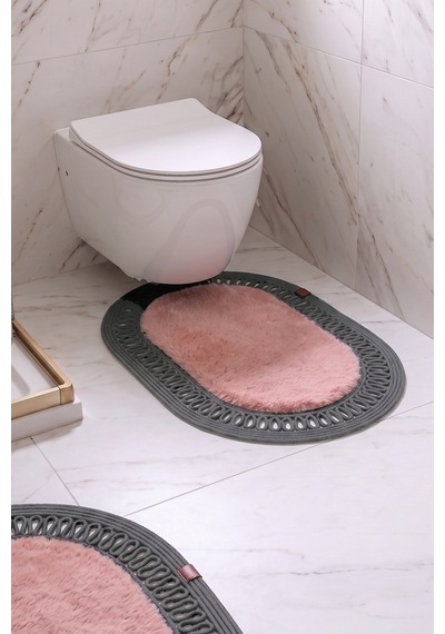 Banyo Paspası Takımı 60x100+40x60 Cm İç Trikot Pembe & Antrasit Gri