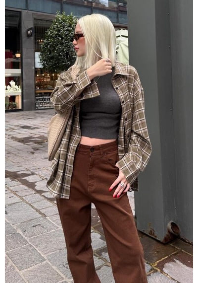 Seeh Haki Oversize Ekose Desenli Kadın Gömlek Sh334 Ekoseli