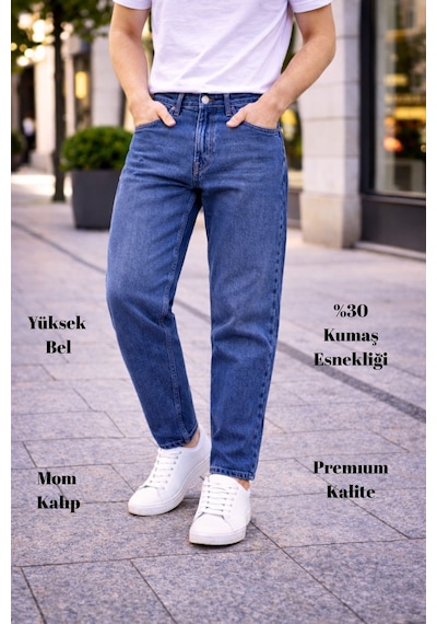 Cedy Denim Dar Paça Erkek Yüksek Bel Kot Pantolon - Salaş Mom Jean C333 Mavi