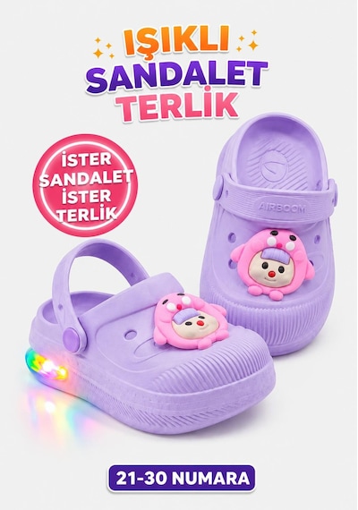 Papucumun Dünyası Çocuk Cross Eva Işıklı Hafif Günlük Havuz Kreş Kumsal Kullanışlı Terlik Lila