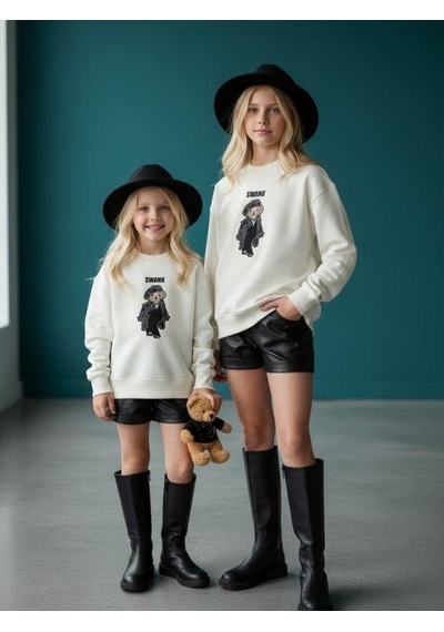 Kız Çocuk İki İplik Ayıcık Nakışlı Tasarım Sweatshirt-16467 Ekru