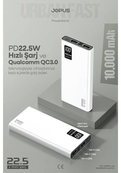 Jopus 10000mah Powerbank Pd 22.5w Hızlı Şarj - Dijital Ekranlı - Taşınabilir Şarj Cihazı Beyaz