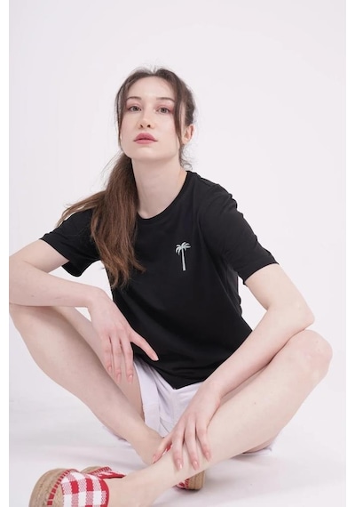 The Socks Company 23scts228u Palmiye Nakışlı Bisiklet Yaka Siyah Tshirt 001