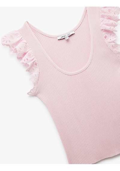 Koton Kolsuz Brodeli Fırfır Detaylı Triko Bluz Pembe 5sak30063ht Gül