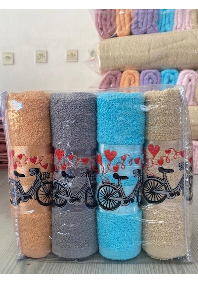 Happy Bicycle 4lü Nakışlı Çeyizlik Havlu Takımı Çok Renkli