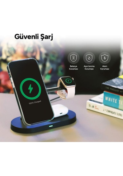 Ttec Aircharger Quattro M Magsafe Uyumlu iPhone - Apple Watch - Airpods LED Kablosuz Hızlı Şarj Standı Siyah