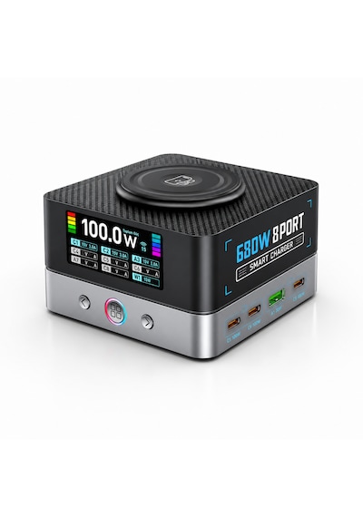Ultratekno Wlx-r8a 680w Gan 8 Port Pd 3.1 Hızlı Şarj İstasyonu Kablosuz Şarj Destekli Usb Type-c Laptop Telefon Tablet Şarj Cihazı Siyah-Gri