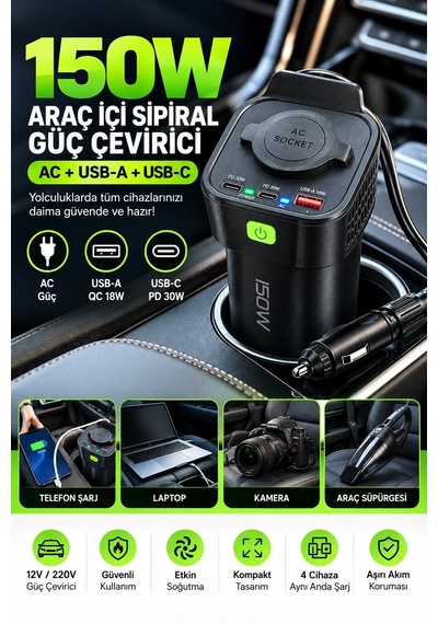 Kargo 150w Araç İçi Şarj Adaptörü 12v 220v Çakmaklık Girişli 30w Type-c 18w Usb Hızlı Şarj Najmaddin