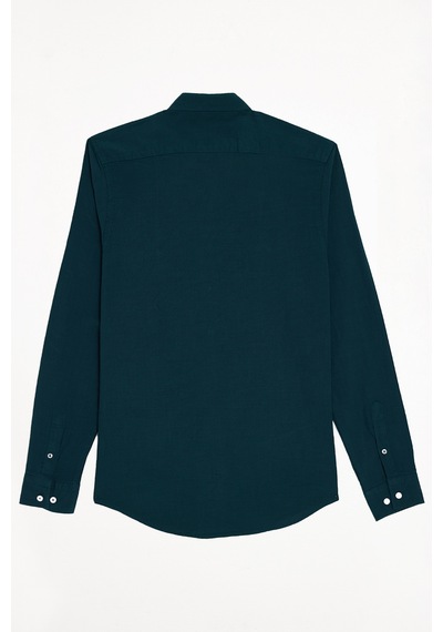 Tudors Erkek Slim Fit Dar Kesim %100 Pamuk Düğmeli Yaka Flam Keten Yeşil Gömlek-50271