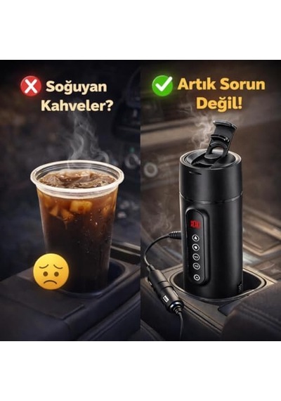 Coofbe Paslanmaz Çelik 470ml Araç Su Isıtıcı Taşınabilir Termos Dijital Ekranlı Araç Su Isıtıcı Kattle