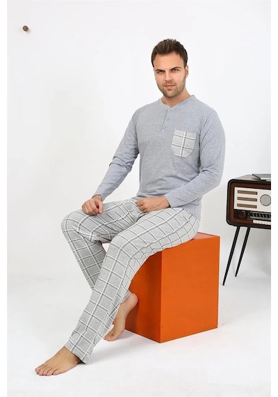 Erkek Uzun Kol Penye Pijama Takımı Gri