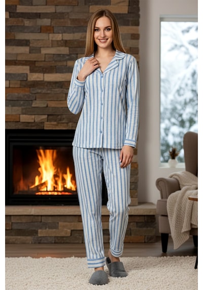 Remsa Kadın Çizgili Desen Önü Düğmeli Suprem Pijama Takımı 0526 Mavi07 Mavi07