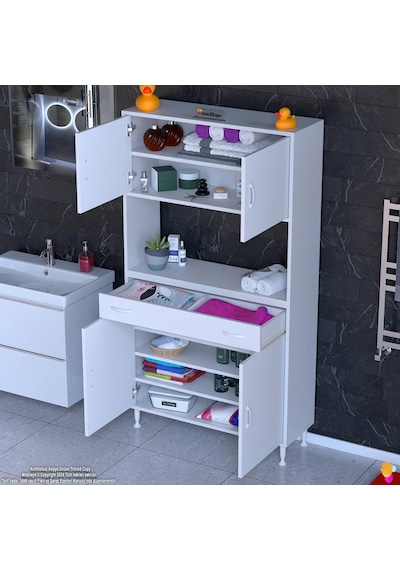 Modilayn Arda Banyo Dolabı 90x173x32,5cm 1 Çekmece 4 Kapak Ve 7 Raflı İhtiyaca Uygun Kolay Kurulum Beyaz Modilayn Arda Banyo Dolabı 90x173x32,5cm 1 Çekmece 4 Kapak Ve 7 Raflı İhtiyaca Uygun Kolay Kurulum Beyaz