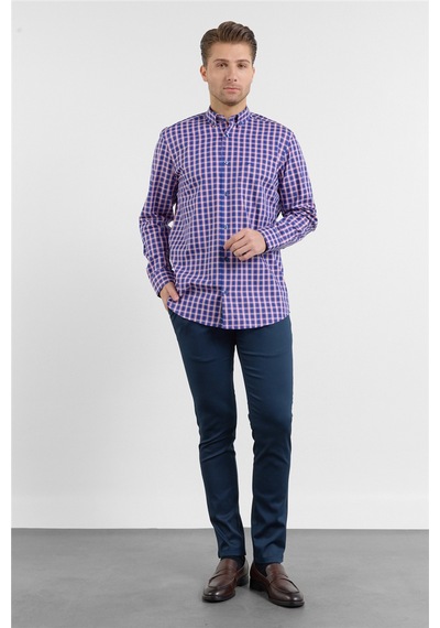 İmza Lacivert - Kırmızı Düğmeli Yaka Uzun Kol Cepli Comfort Fit Pamuk Gömlek 1004260177 2XL
