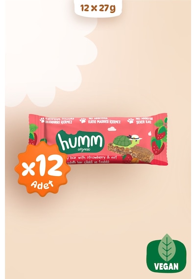 Humm Organic Organik Vegan Çilekli Ve Fındıklı Yulaf Bar 12 x 27 G