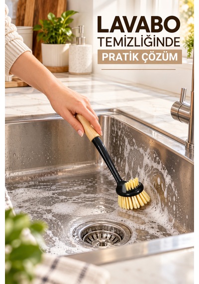 Porsima Bambu Saplı 2'li Bulaşık Ve Lavabo Temizlik Seti - Değiştirilebilir Paslanmaz Tel Bulaşık Fırçası & Çok Amaçlı Yıkama Fırçası Siyah