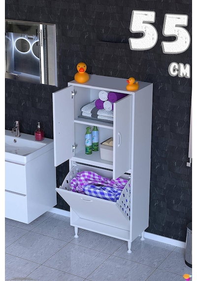 Deniz Kirli Sepetli Ve Kapaklı Raflı, Çok Amaçlı Banyo Dolabı - 55 X 138 X 32,5 Cm 55 Cm