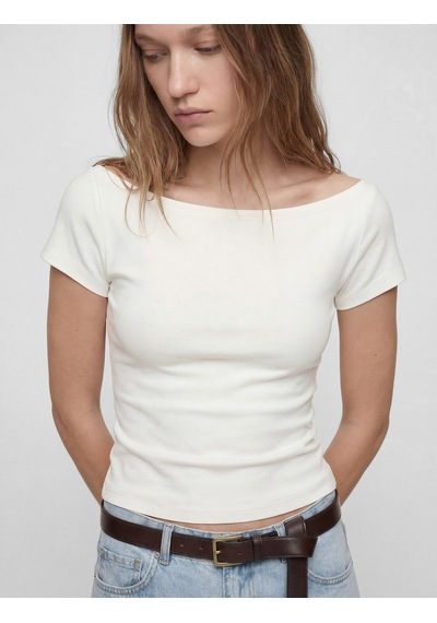 Koton Pamuklu Kısa Kollu Kayık Yaka Slim Fit Tişört Ekru 6sal10650ık