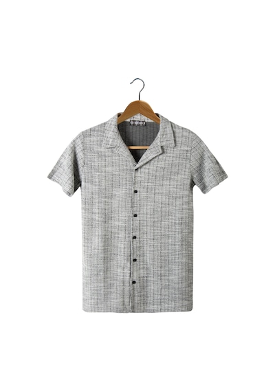 Erkek Gri Kısa Kollu Slim Fit Çizgi Desenli Pamuklu Yazlık Gömlek Gri1