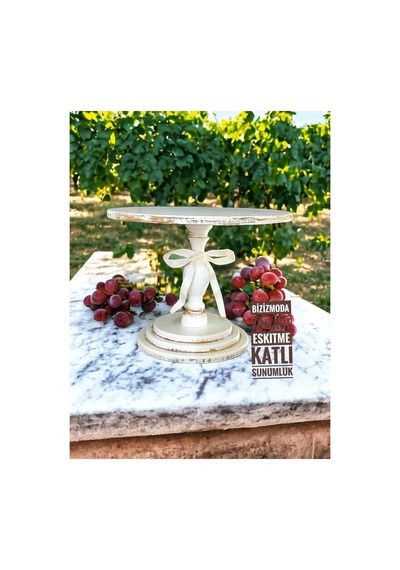 Handmade Pasta Standı Ahşap Ayaklı Katlı Sunum Servis Standı Eskitme Kek Standı Beyaz Eskitme