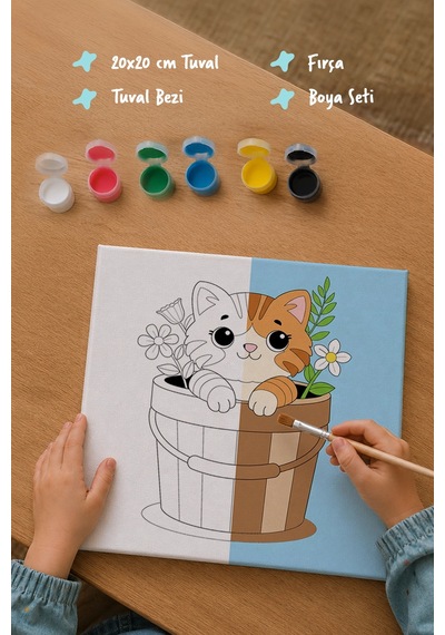 Sevimli Kedi Temalı Çocuk Boyama Tuvali Şövalesiz Eğitici Boyama Seti 20x20 Cm