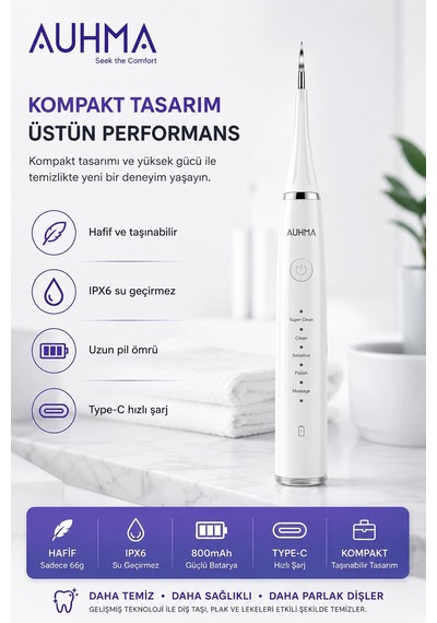 Zenvia Ultrasonic Şarjlı Elektrikli Akıllı Diş Temizleme Cihazı Beyazlatıcı 5 Mod 3+1 Başlık, Ipx8 Su Geçi